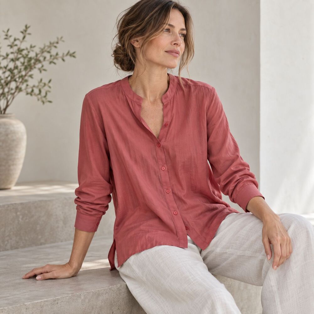 Eileen Fisher Sandwashed Tencel Stand Collar Top Chutney Petite Medium NWT